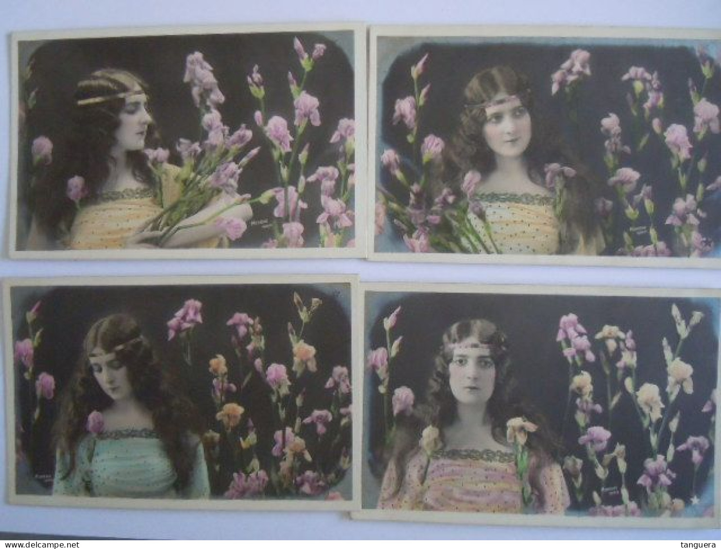 Art Nouveau Jugendstil 4 Cpa Portrait De Moreau D'une Femme Au Cheveux Longs Avec Des Iris Serie 959  (702) - Otros & Sin Clasificación