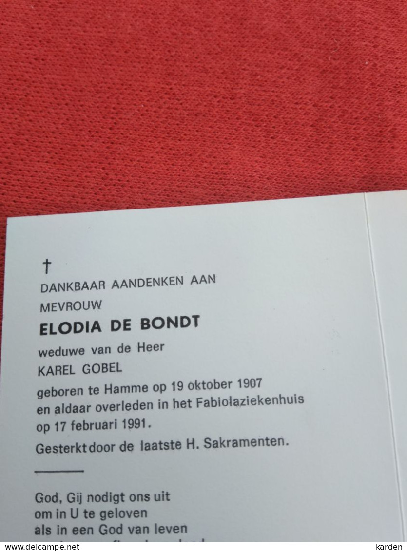 Doodsprentje Elodia De Bondt / Hamme 19/10/1907 - 17/2/1991 ( Karel Gobel ) - Religion & Esotérisme