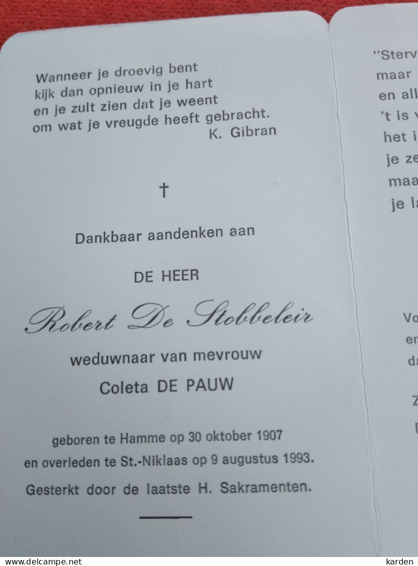 Doodsprentje Robert Van Stobbeleir / Hamme 30/10/1907 Sint Niklaas 9/8/1993 ( Coleta De Pauw ) - Religion & Esotérisme