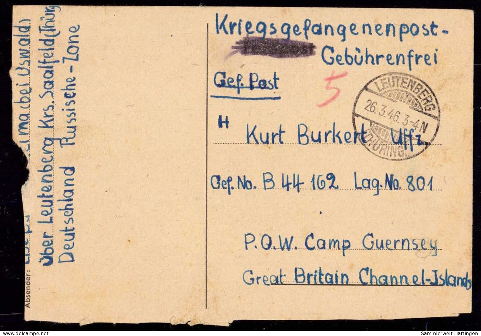 604194 | Kriegsgefangenenpost POW In Das Lager 801 Guernsey, Channel Islands | Leutenberg (O 6804) - Usados