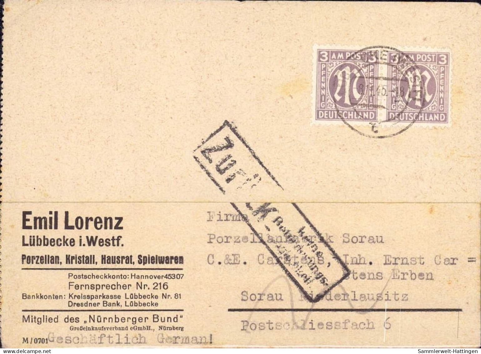 604193 | 1945, Karte N Das Jetzt Polnische Sorau( Żary) Und Zurück Keine Beförderungsmöglichkeit | Lübbecke, Sorau - Usati