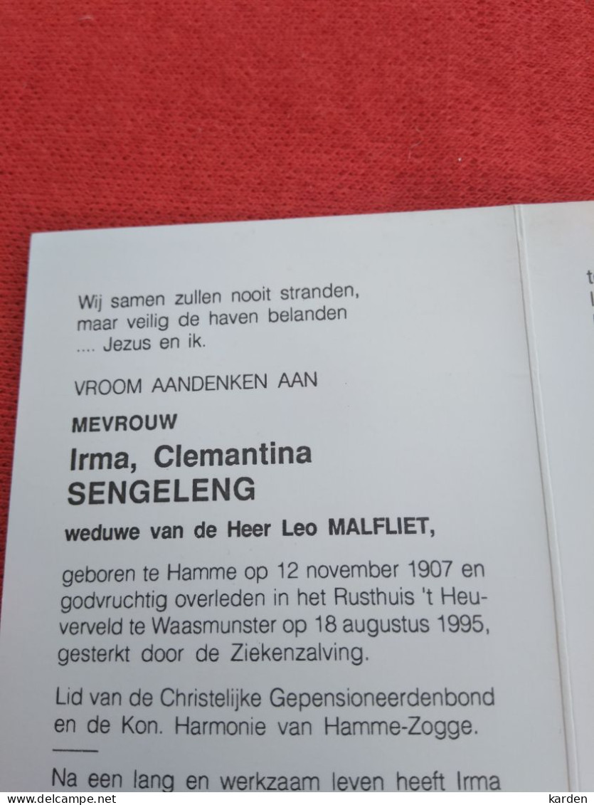 Doodsprentje Irma Clemantina Sengeleng / Hamme 12/11/1907 Waasmunster 18/8/1995 ( Leo Malfliet ) - Religion & Esotérisme