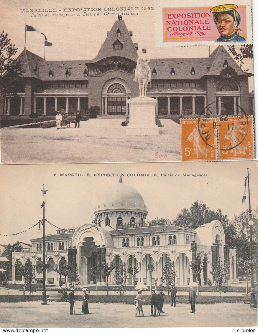13 - MARSEILLE - 2 CARTES - EXPOSITION COLONIALE 1922 - PAVILLON PALAIS DE MADAGASCAR - BELLE VIGNETTE 1922 - 2 CARTES - Expositions Coloniales 1906 - 1922
