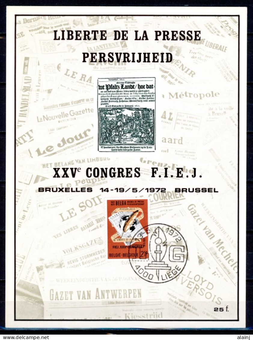 BE   1625  ---   Carte Obl. 1 Jour / Liberté De La Presse  -  Congrès F.I.E.J. - Documents Commémoratifs