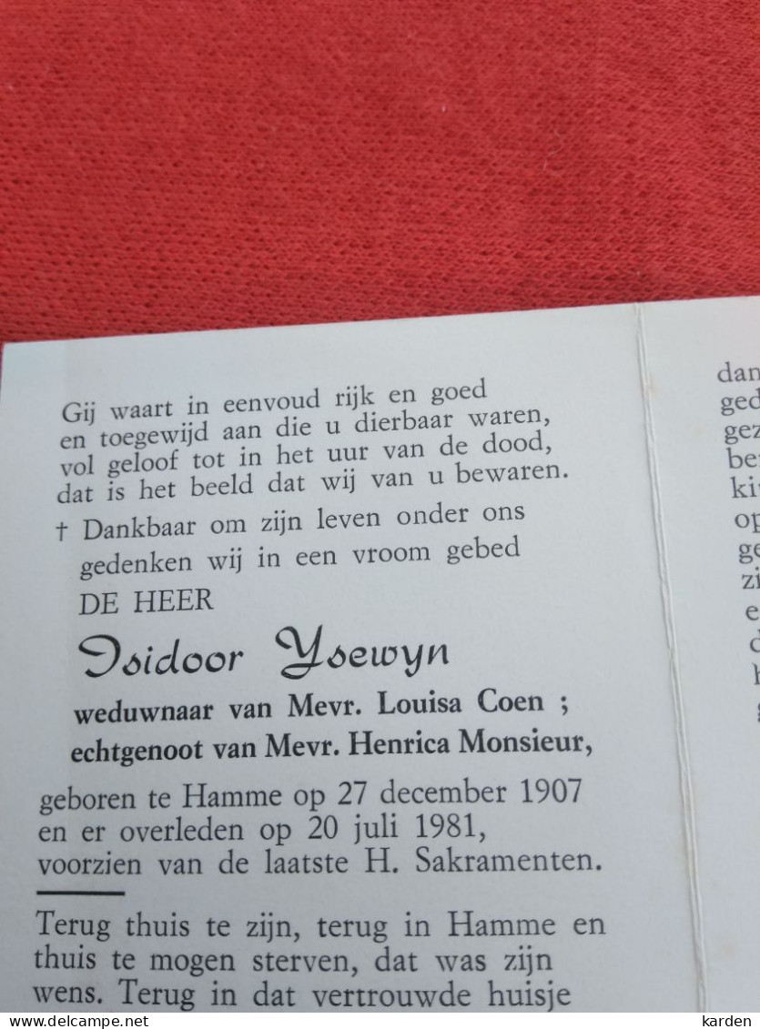 Doodsprentje Isidoor Ysewyn / Hamme 27/12/1907 - 20/7/1981 ( Louisa Coen  / Henrica Monsieur ) - Religion & Esotérisme