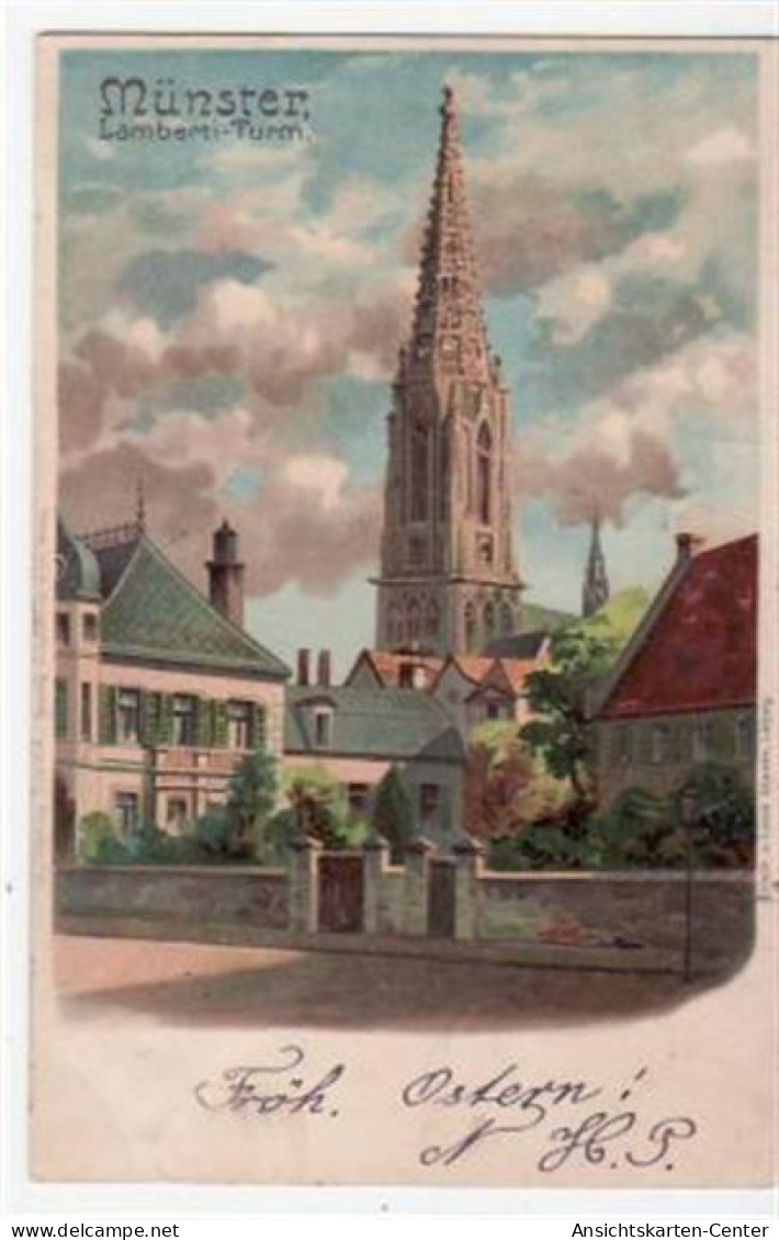 39063204 - Muenster, Lithographie Mit Lamberti - Turm Gelaufen, Mit Stempel Von 1899, Marke Entfernt Kleiner Knick Am R - Münster