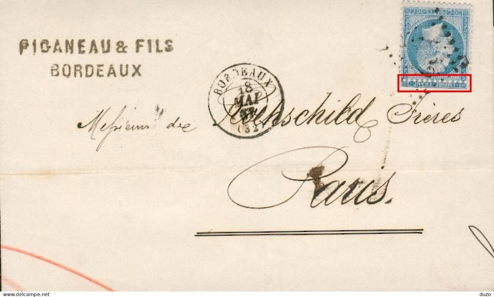 1867  - Variété Piquage Décalé + Ambulant Sur LSC Napoléon Y&T N°22 Càd Type 15 Bordeaux >>>> Rothschild Paris - - 1862 Napoléon III