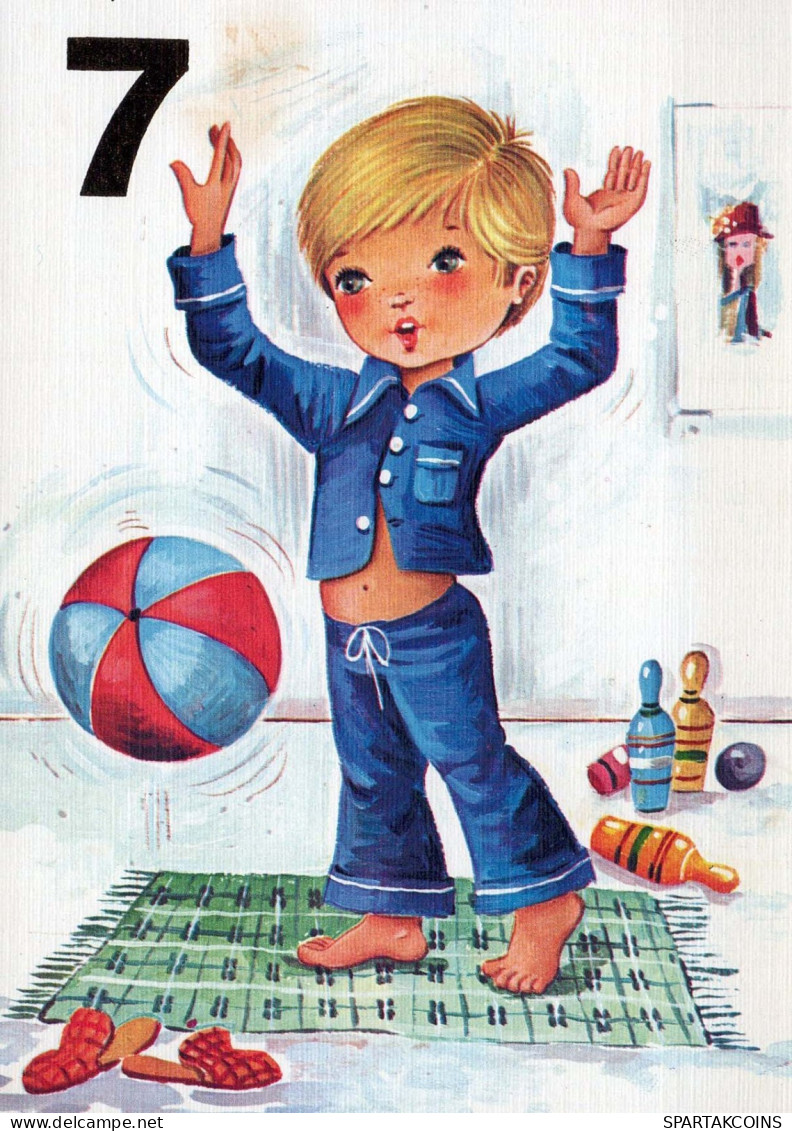 FELIZ CUMPLEAÑOS 7 Año De Edad NIÑO NIÑOS Vintage Tarjeta Postal CPSM #PBT771.ES - Anniversaire