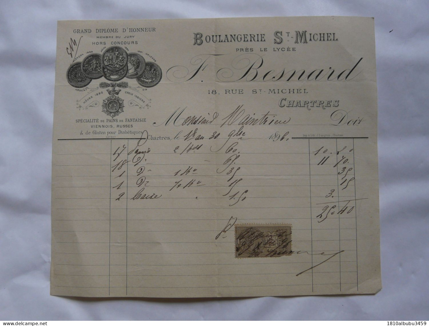 FACTURE ANCIENNE : BOULANGERIE ST MICHEL Près Le Lycée -18 Rue St Michel à CHARTRES 1896 - 1800 – 1899