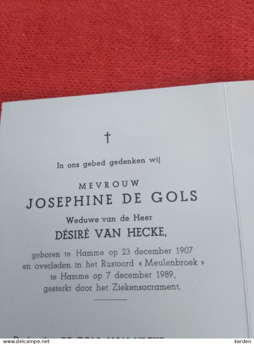 Doodsprentje Josephine De Gols / Hamme 23/12/1907 - 7/12/1989 ( Désiré Van Hecke ) - Religion & Esotérisme