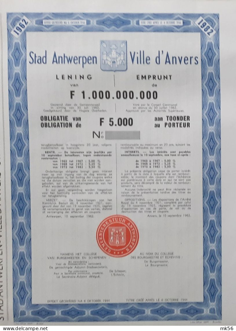 Stad Anwerpen - Lening 1962-1982 - 5 000 Francs - 5 à 5,5 % - Andere & Zonder Classificatie