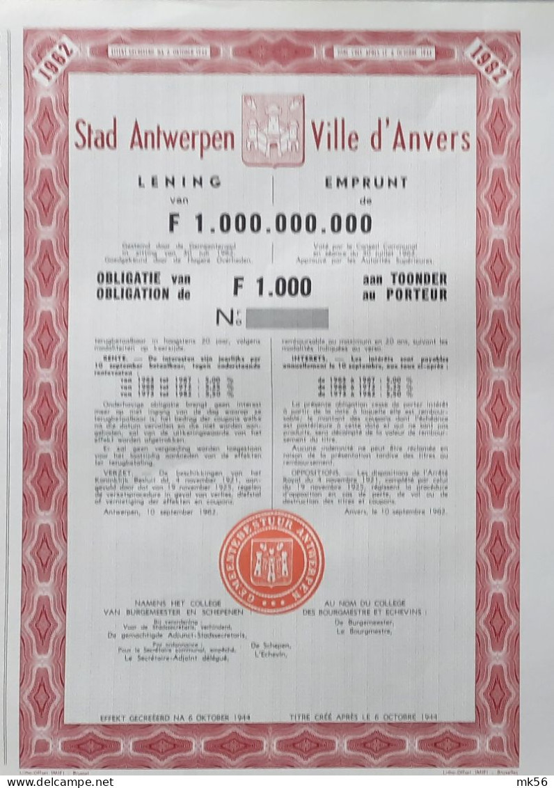 Stad Anwerpen - Lening 1962-1982 - 1 000 Francs - 5 à 5,5 % - Autres & Non Classés