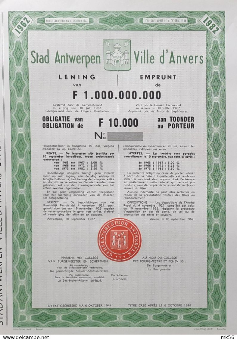 Stad Anwerpen - Lening 1962-1982 - 10 000 Francs - 5 à 5,5 % - Andere & Zonder Classificatie
