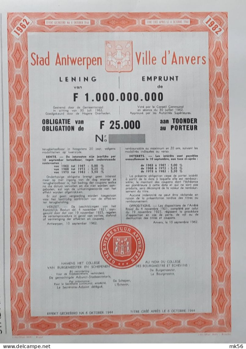 Stad Anwerpen - Lening 1962-1982 - 25 000 Francs - 5 à 5,5 % - Otros & Sin Clasificación