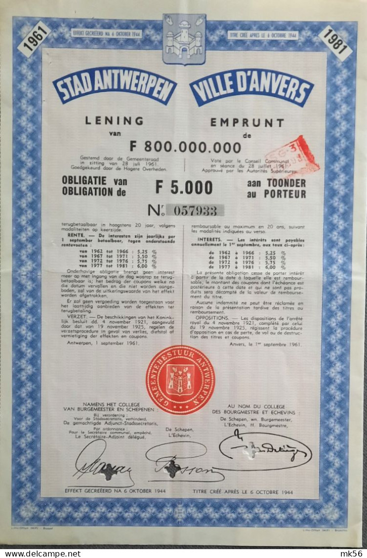 Stad Antwerpen  Lening 1961 -1981  - 5 000 Francs - Otros & Sin Clasificación