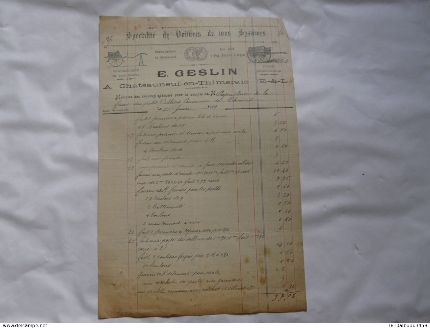 FACTURE ANCIENNE : Spécialité De Voitures De Tous Système - E. GESLIN à CHATEAUNEUF EN THIMERAIS 1910 - 1900 – 1949