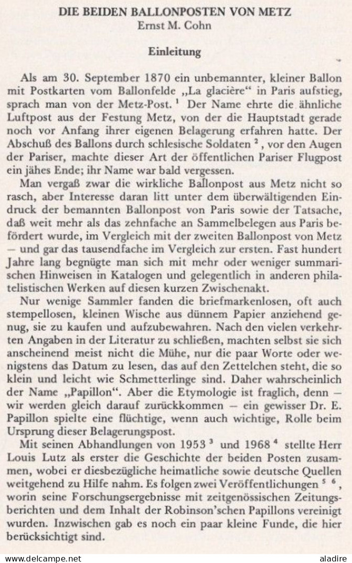 1976 - Ernst M. COHN - Die " PAPILLONS" Von Metz / Die Beiden Ballonposten Von Metz - 80 Seiten - Ballons Montés De Metz - Poste Aérienne & Histoire Postale