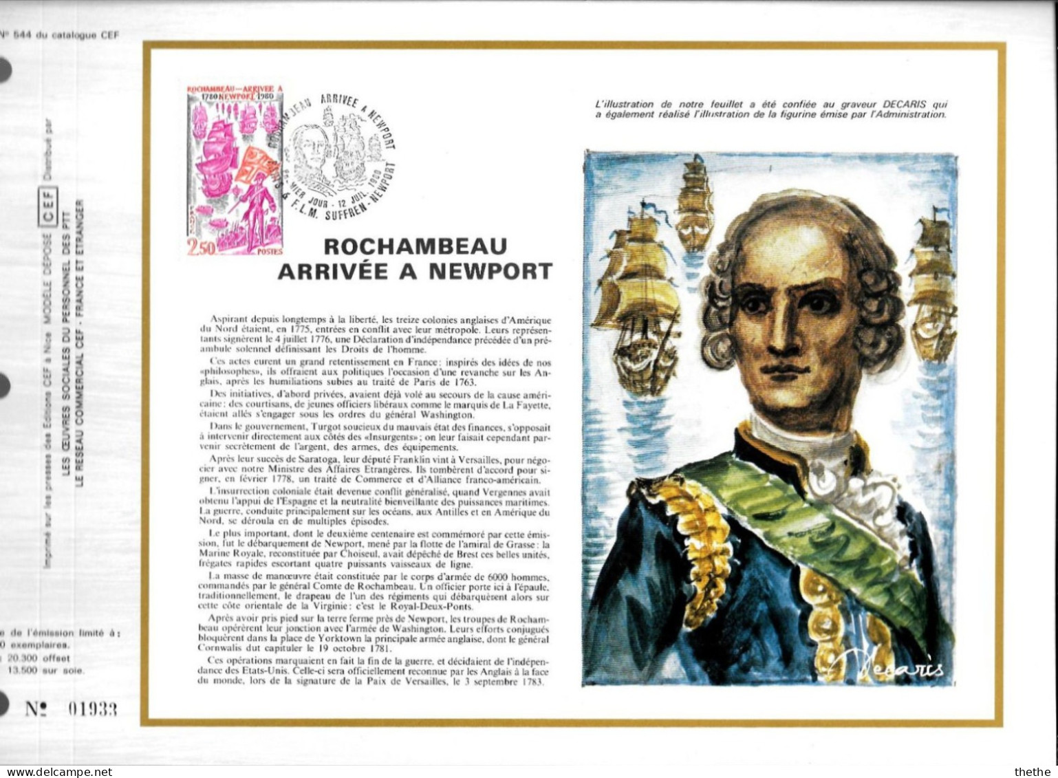 FRANCE -  Rochambeau ,  2éme Centenaire De L'arrivée à Newport - N° 544 Du Catalogue CEF - 1980-1989