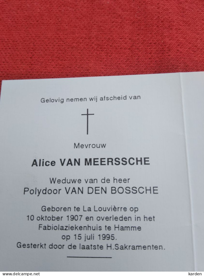 Doodsprentje Alice Van Meerssche / La Louvièrre 10/10/1907 Hamme 15/6/1995 ( Polydoor Van Den Bossche ) - Religion & Esotérisme