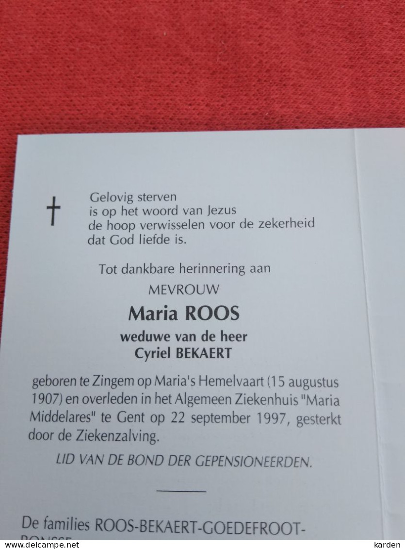 Doodsprentje Maria Roos / Zingem 15/8/1907 Gent 22/9/1997 ( Cyriel Bekaert ) - Religion & Esotérisme