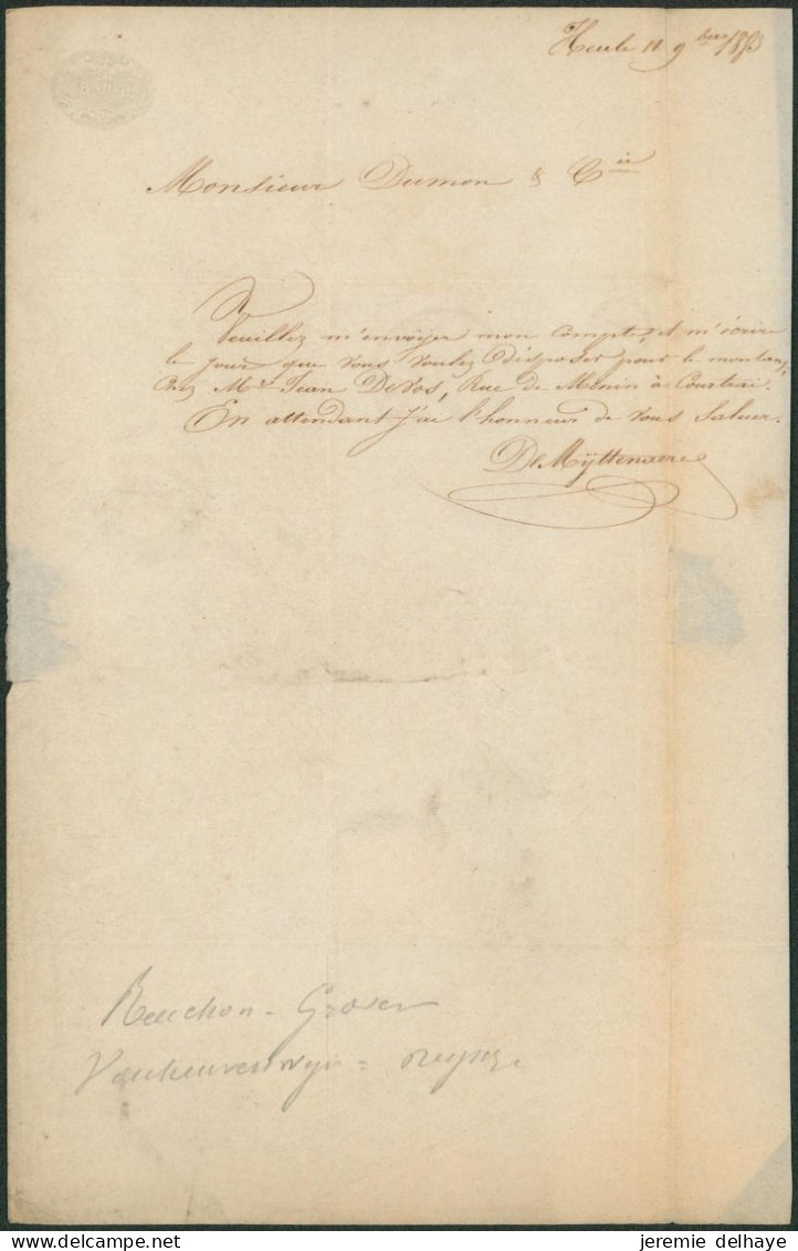 Médaillon - N°6 Sur LAC Obl P29 çàd Courtray (1853) + Boite Rurale "A" (Heule) > Tournai - 1851-1857 Medallions (6/8)