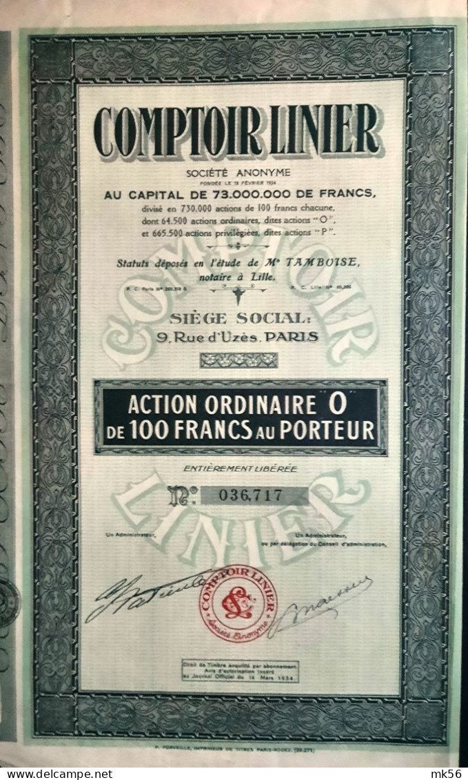 Comptoir Linier - Paris - 1934 - Action Ordinaire De 100 Francs Au Porteur - Autres & Non Classés