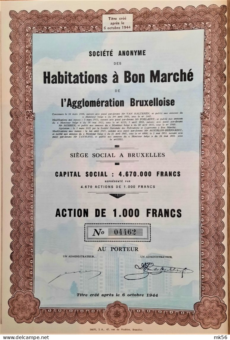 S.A. Habitations à Bon Marché De L'agglomération Bruxelloise (1951- Action De 1000 Fr) - Otros & Sin Clasificación