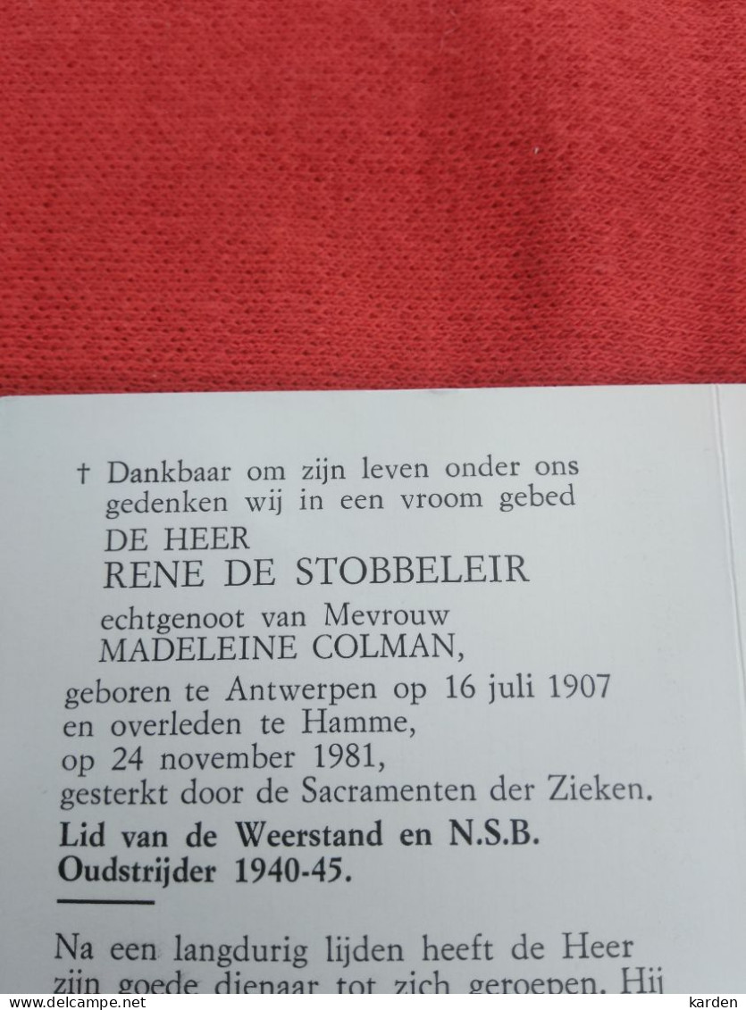 Doodsprentje Rene De Stobbeleir / Antwerpen 16/7/1907 Hamme 24/11/1981 ( Madeleine Colman ) - Religion &  Esoterik