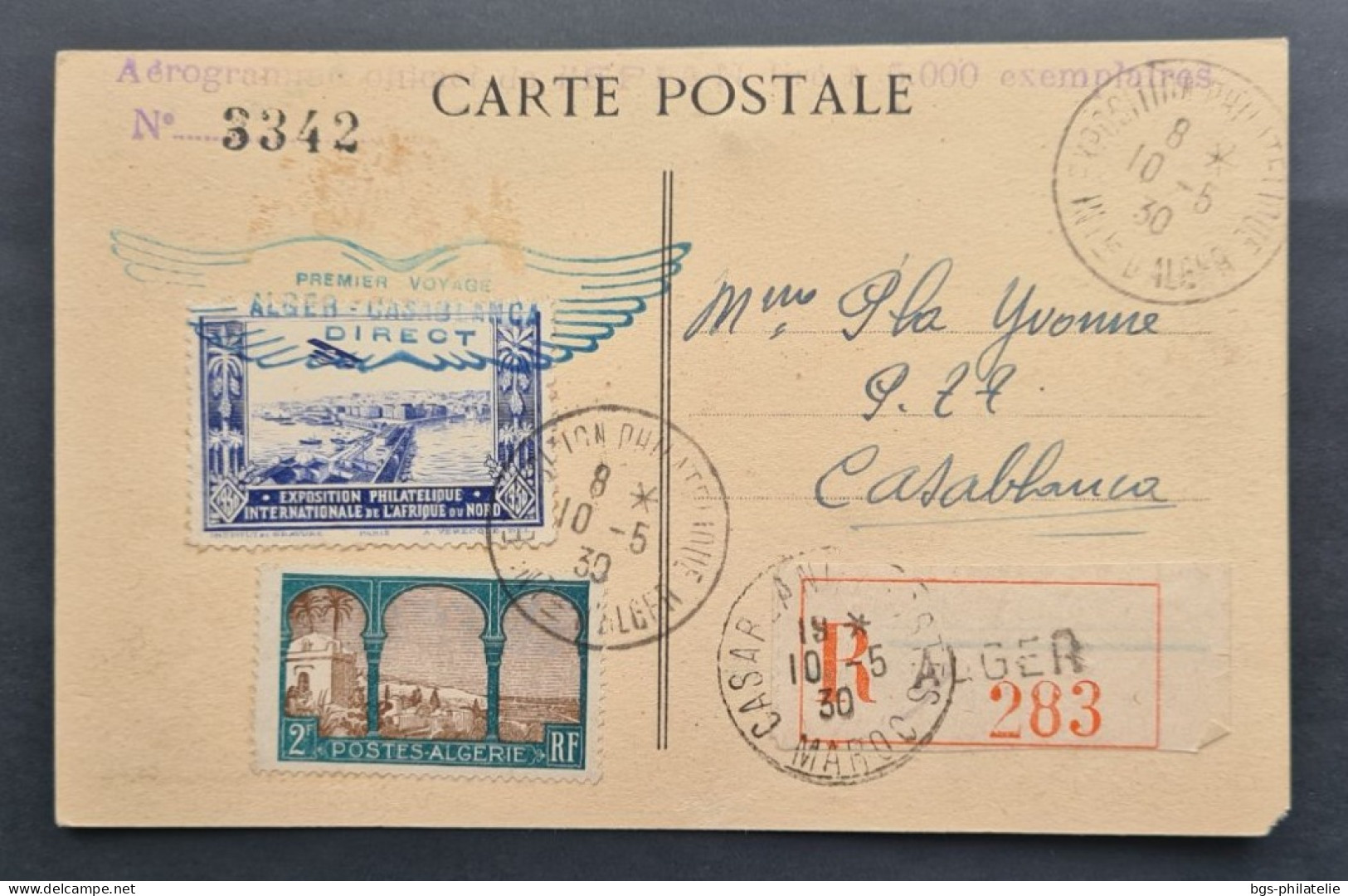 ALGÉRIE,  Timbre N°54 + Vignette Oblitérés.  1er Voyage ALGER CASABLANCA  En Recommandé. - Storia Postale