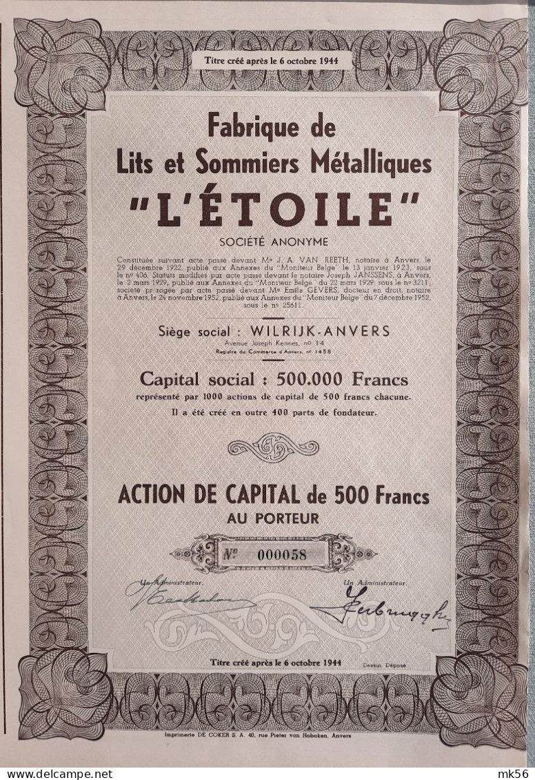 Fabrique De Lits Et Sommiers Métalliques  - L'ETOILE - Wilrijk-Anvers - 1952 - Altri & Non Classificati