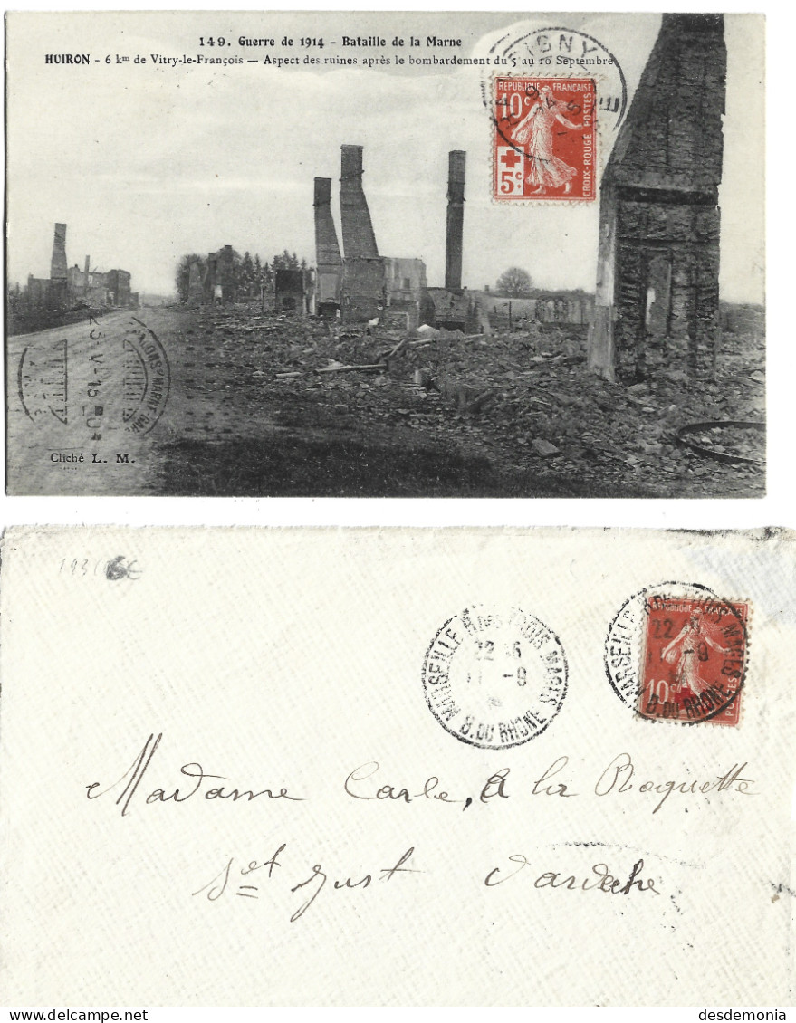 France Yvert 146 – 147 Ossl Semeuse Camée Croix Rouge Flamme Chalon Sur Marne En Arrivé 151A Du 23,5,15 - Tarifas Postales