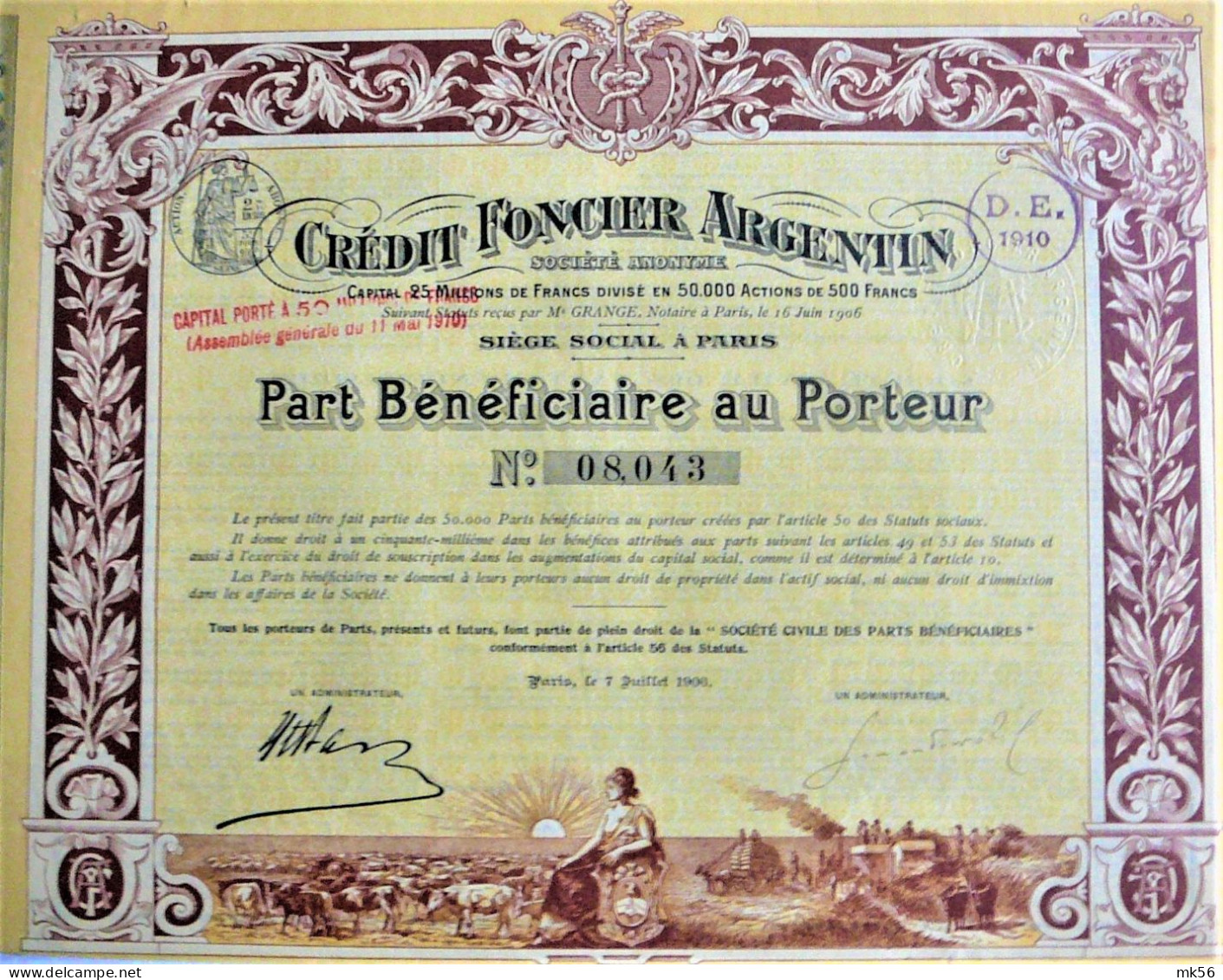 Credit Foncier Argentin - Part Bénéficiaire Au Porteur (1906) - Banco & Caja De Ahorros