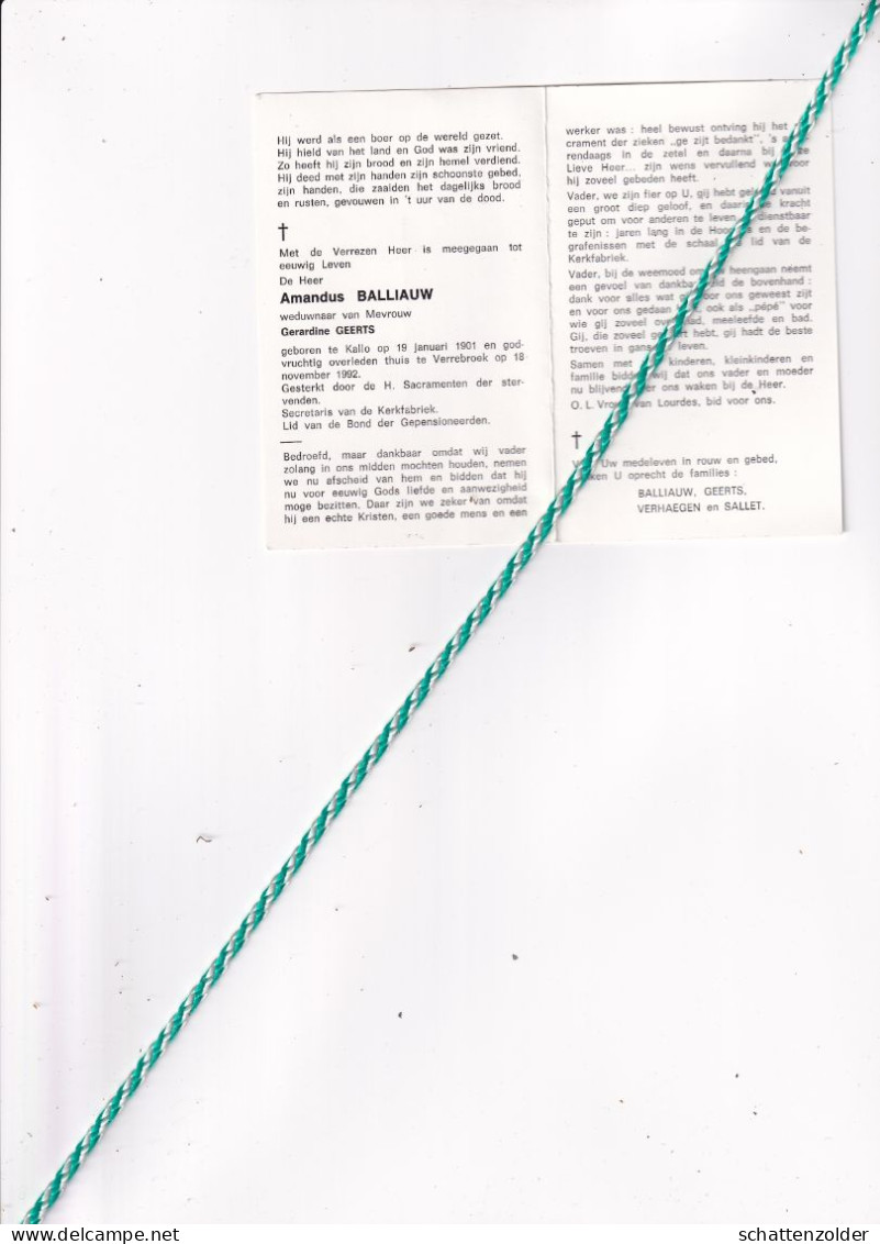 Amandus Balliauw-Geerts, Kallo 1901, Verrebroek 1992 - Avvisi Di Necrologio