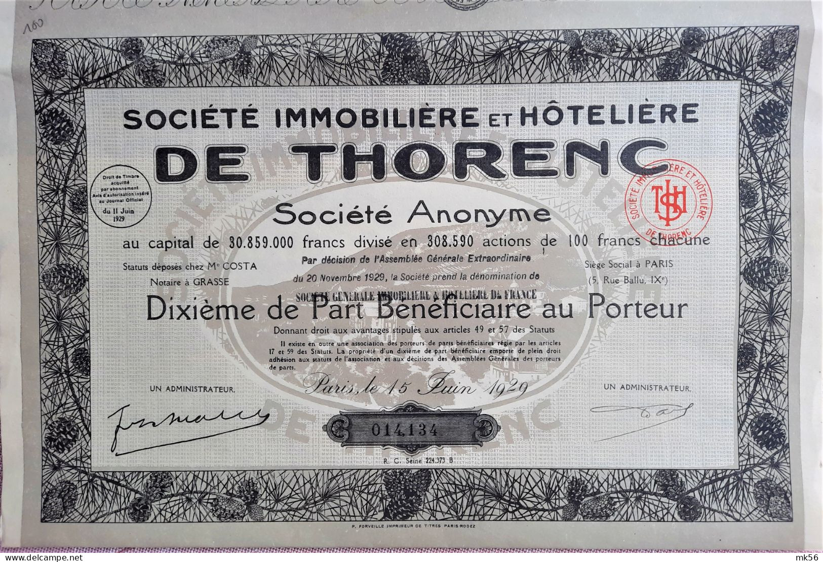 Société Immobilière Et Hôtellière De Thorenc - Paris - 1929 - Otros & Sin Clasificación