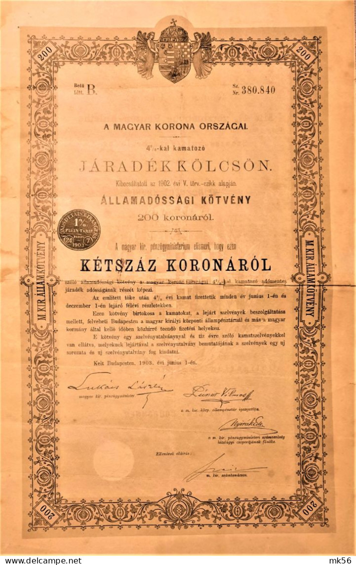 Königreich Ungarn-Staatsschuld Verschreibung - 200 Kronen - 4 % - Budapest - 1903 - Otros & Sin Clasificación