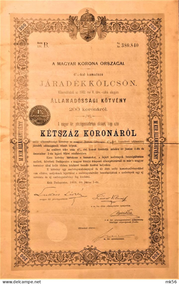 Königreich Ungarn-Staatsschuld Verschreibung - 200 Kronen - 4 % - Budapest - 1903 - Autres & Non Classés