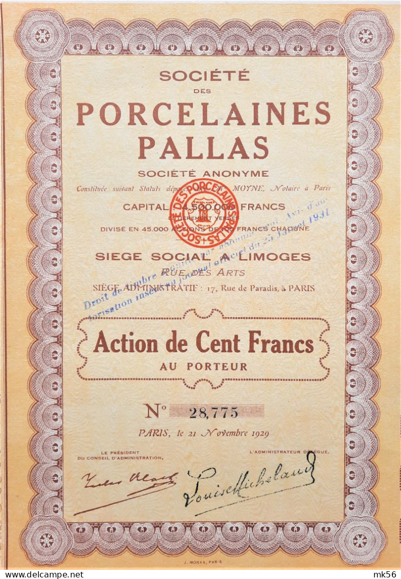 Société Des Porcelaines Pallas - Limoges - 1929 - Sonstige & Ohne Zuordnung