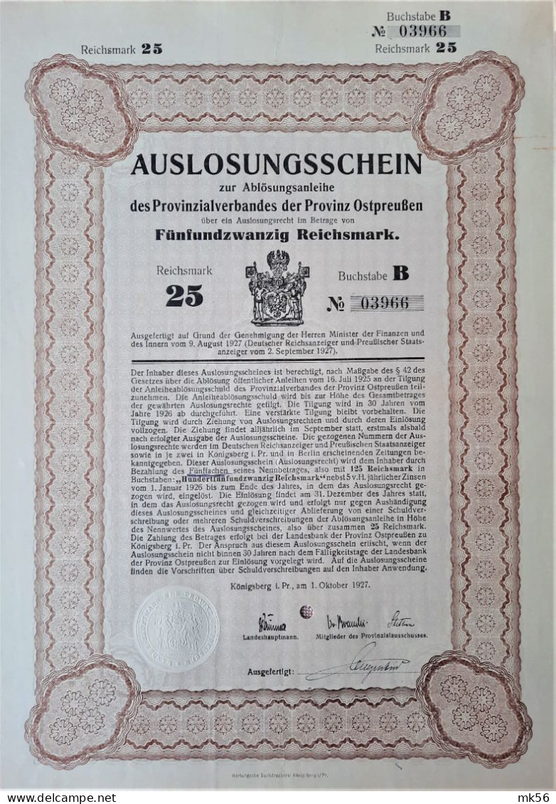 Auslosungsschein - Des Provinzialverbandes Der Provinz Ostpreussen - 1927 - 25 RM - Bank En Verzekering