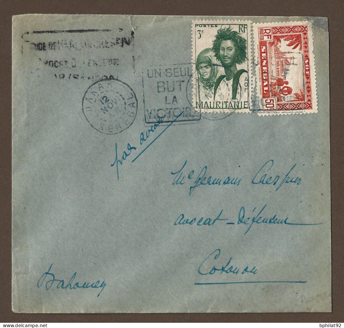 !!! AOF, LETTRE PAR AVION DE DAKAR, SÉNÉGAL POUR COTONOU, DAHOMEY DE 1943, CACHET DE PROPAGANDE UN SEUL BUT LA VICTOIRE - Lettres & Documents