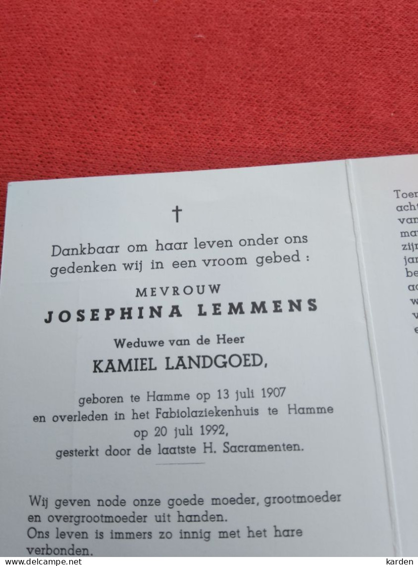 Doodsprentje Josephina Lemmens / Hamme 13/7/1907 - 20/7/1992 ( Kamiel Landgoed ) - Religion &  Esoterik