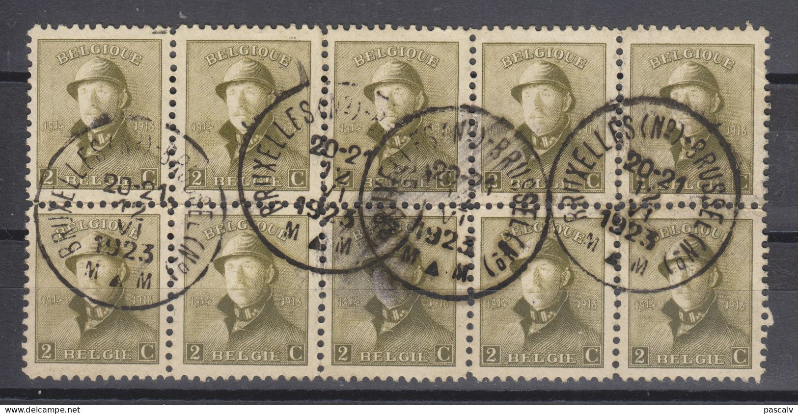 COB 166 Bloc De 10 Oblitération Centrale BRUXELLES (Nd) M - 1919-1920 Albert Met Helm