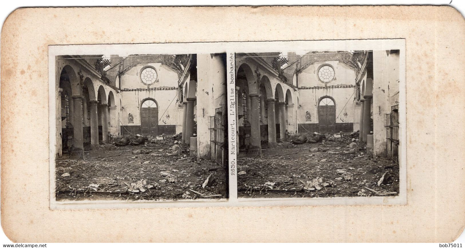 Photo Stéreoscopique , Maricourt  , L'église Bombardée - 1914-18