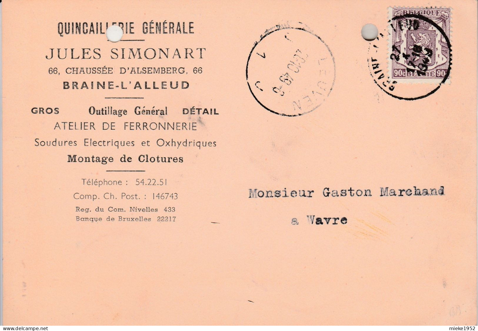 Braine L'Alleud , Carte PUB , Jules Simonart , Quincaillerie Générale , Oblitération  Braine L'Alleud De 1949 - Braine-l'Alleud