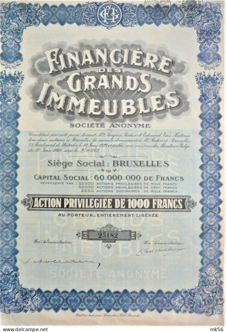 S.A. Financière Des Grands Immeubles - Act.priv.de1000 Fr (1929) Brussel - Autres & Non Classés