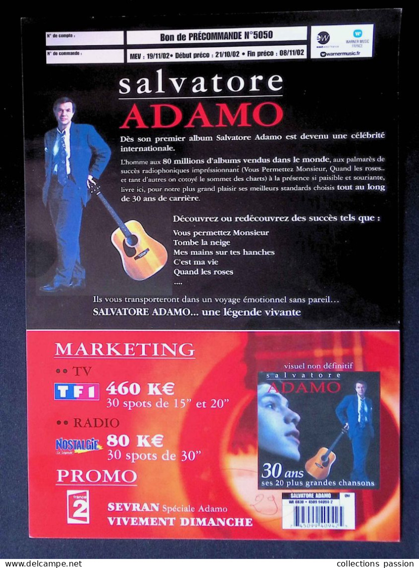 Publicité, Spectacle, Musique & Musiciens, Bon De Précommande, 2002, Salvatore Adamo, Frais Fr 2.15 E - Werbung