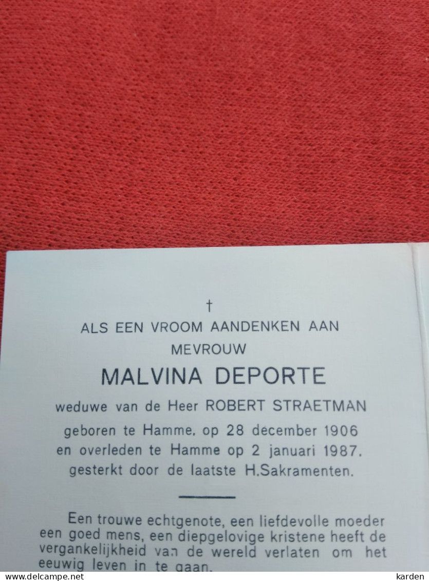 Doodsprentje Malvina Deporte / Hamme 28/12/1906 -2/1/1987 ( Robert Straetman ) - Religion & Esotericism