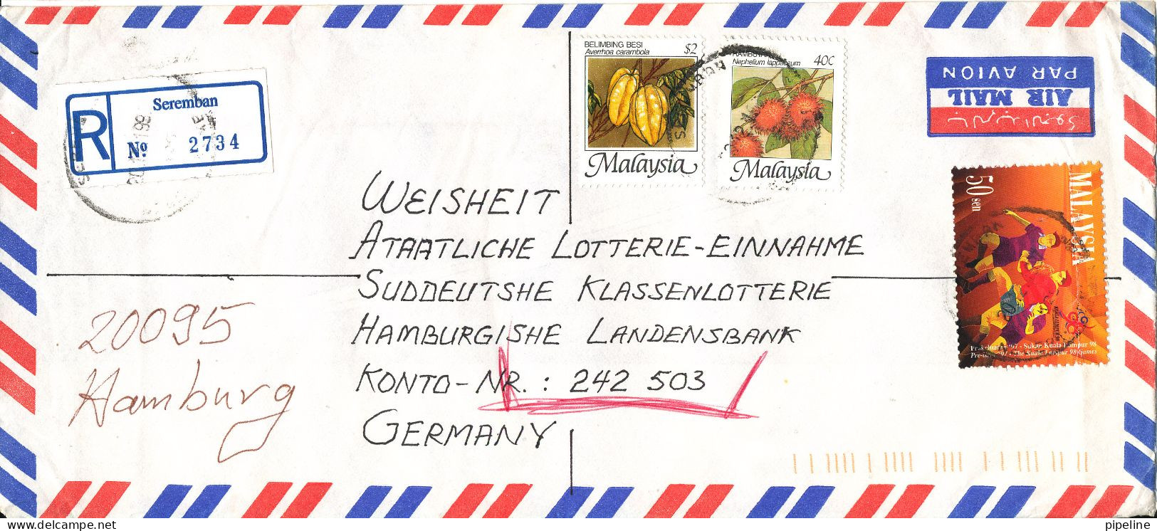 Malaysia Registered Air Mail Cover Sent To Germany Seremban 20-12-1997 SOCCER FOOTBALL Stamp - Malasia (1964-...)