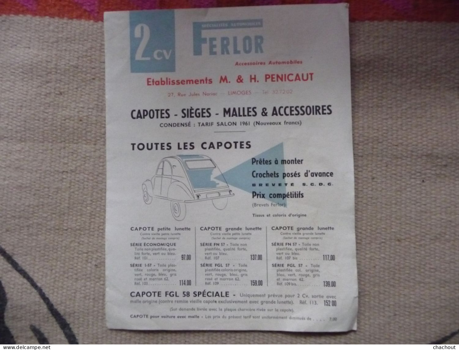 Livret 2CV Tarif 1961 Capotes Sièges Malles Et Accessoires - 1950 - ...