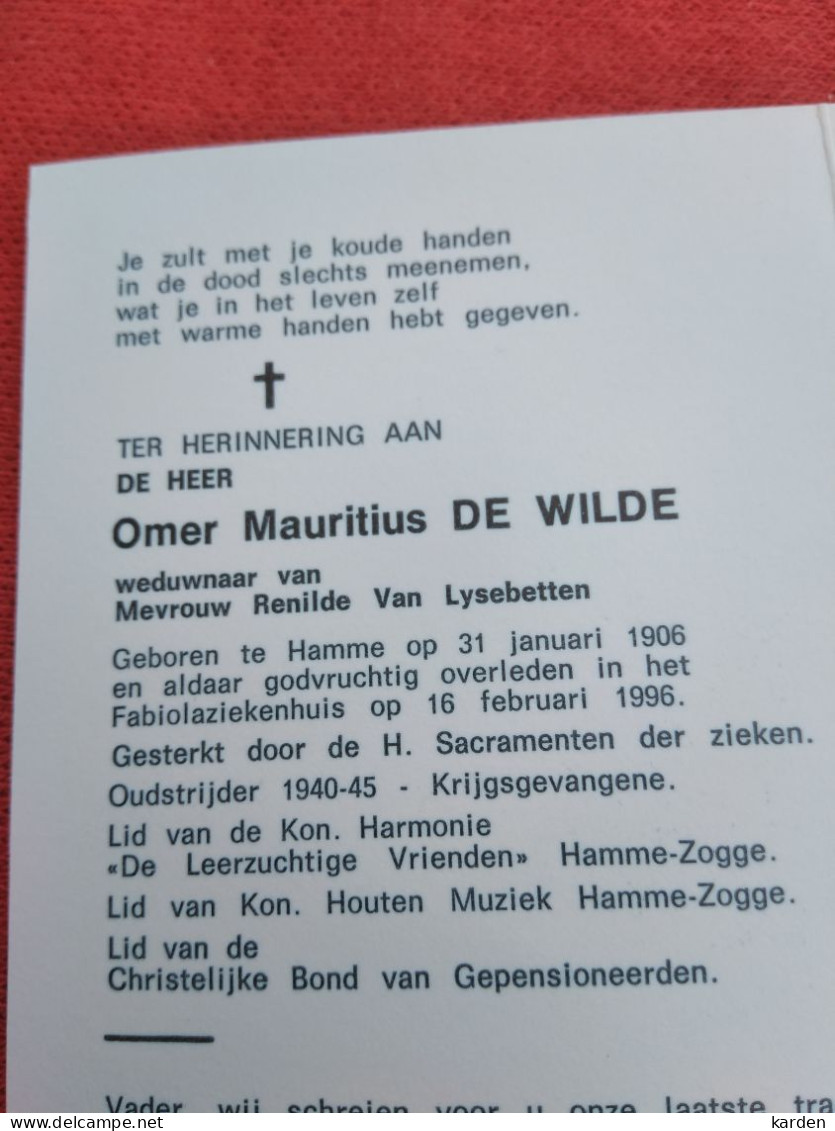 Doodsprentje Omer Mauritius De Wilde / Hamme 31/1/1906 - 16/2/1996 ( Renilde Van Lysebetten ) - Religion &  Esoterik