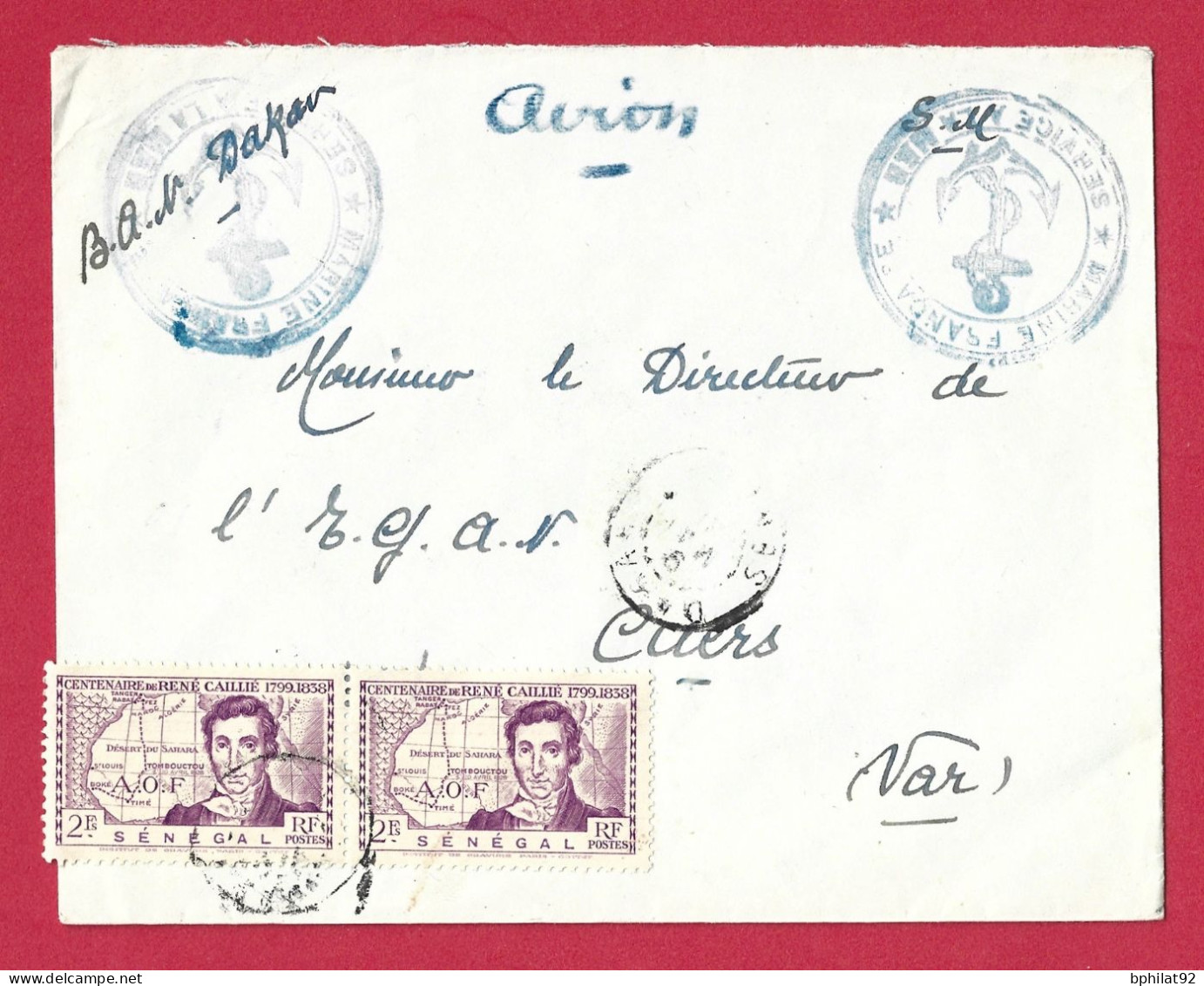 !!! AOF, LETTRE EN FRANCHISE PAR AVION DU SÉNÉGAL POUR LA FRANCE, CACHET BAN DAKAR ET CACHET DE LA MARINE FRANÇAISE - Covers & Documents